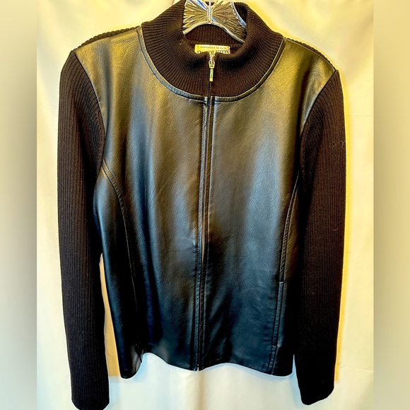 Vintage Pendleton Women’s Size M Leather Merino Wool Knit Jacket Black Zip Front - Picture 1 of 10